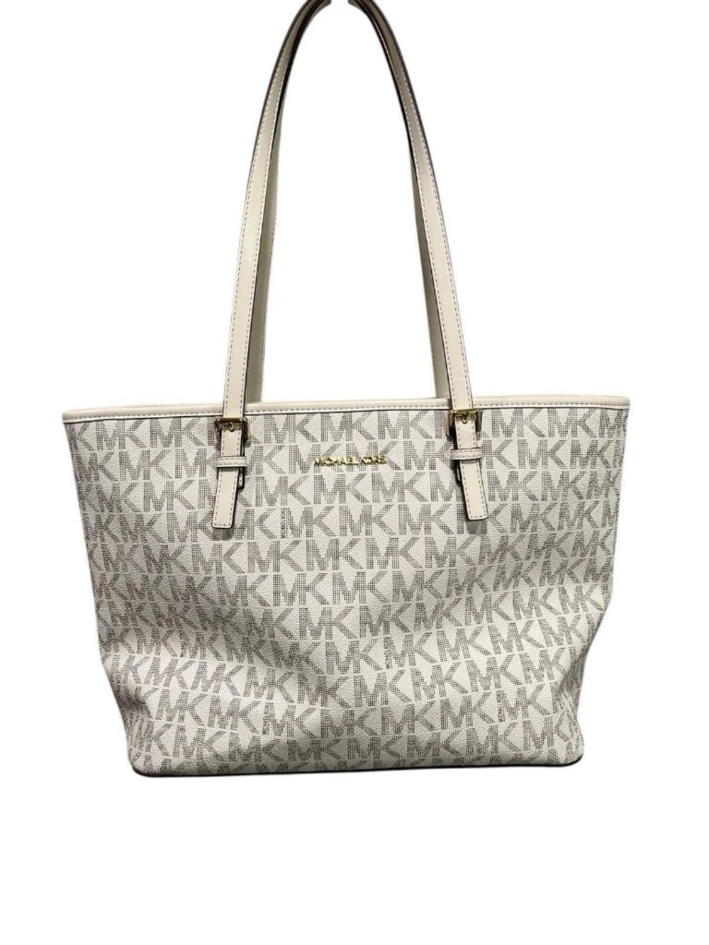 NEW Michael Kors Jet Set Travel Medium Top Zip Tote Bag Vanilla Signature Logo